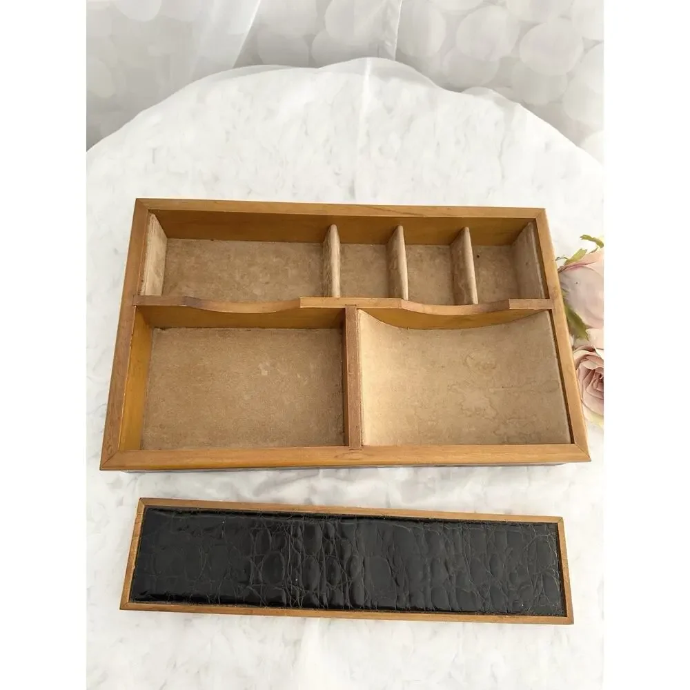 Vintage Jewelry Valet Black Genuine Leather CROC Embossed Wood Unisex Made Italy